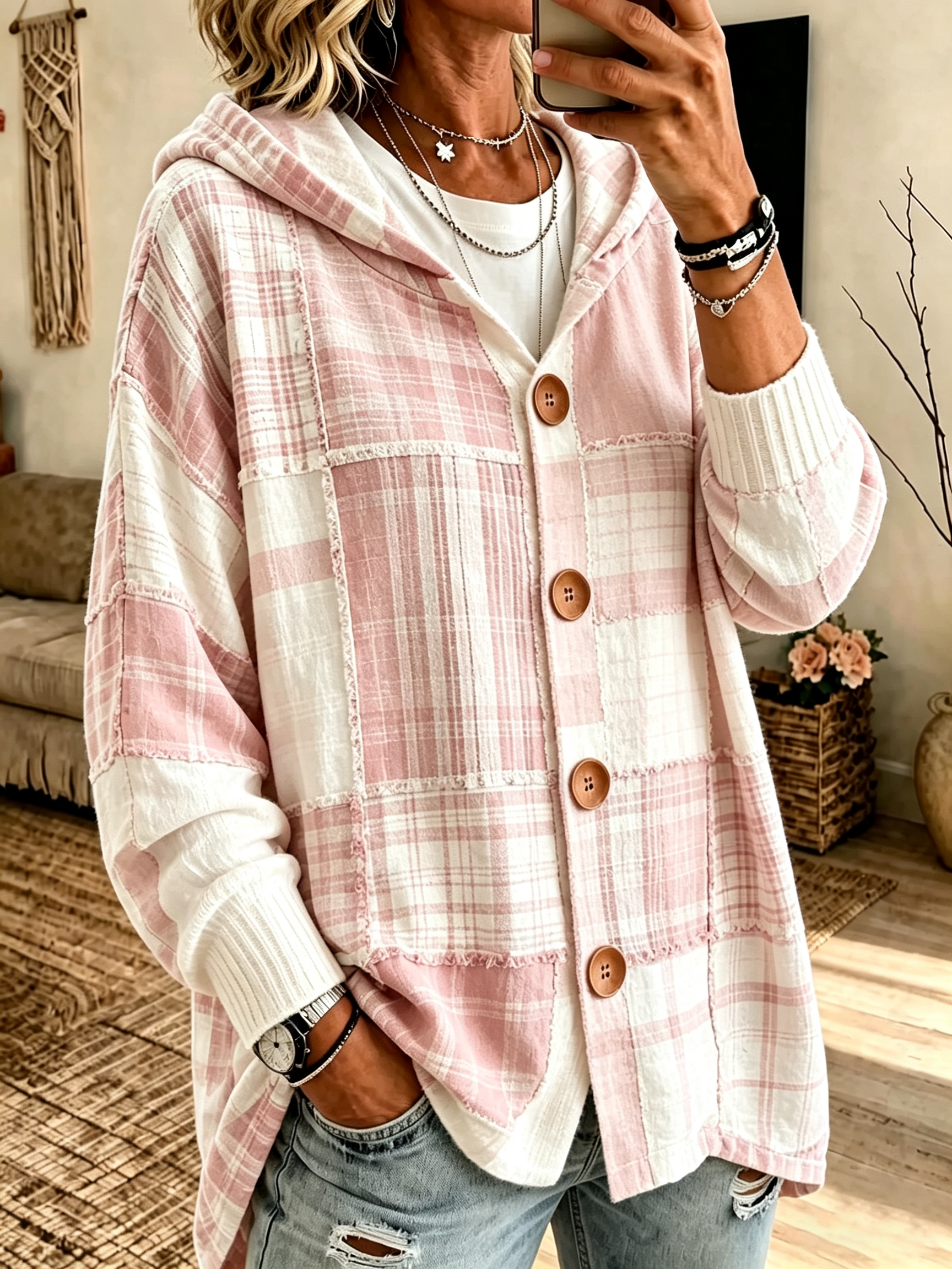 Ladies' Casual Plaid Knitted Hooded Long Sleeved Cardigan