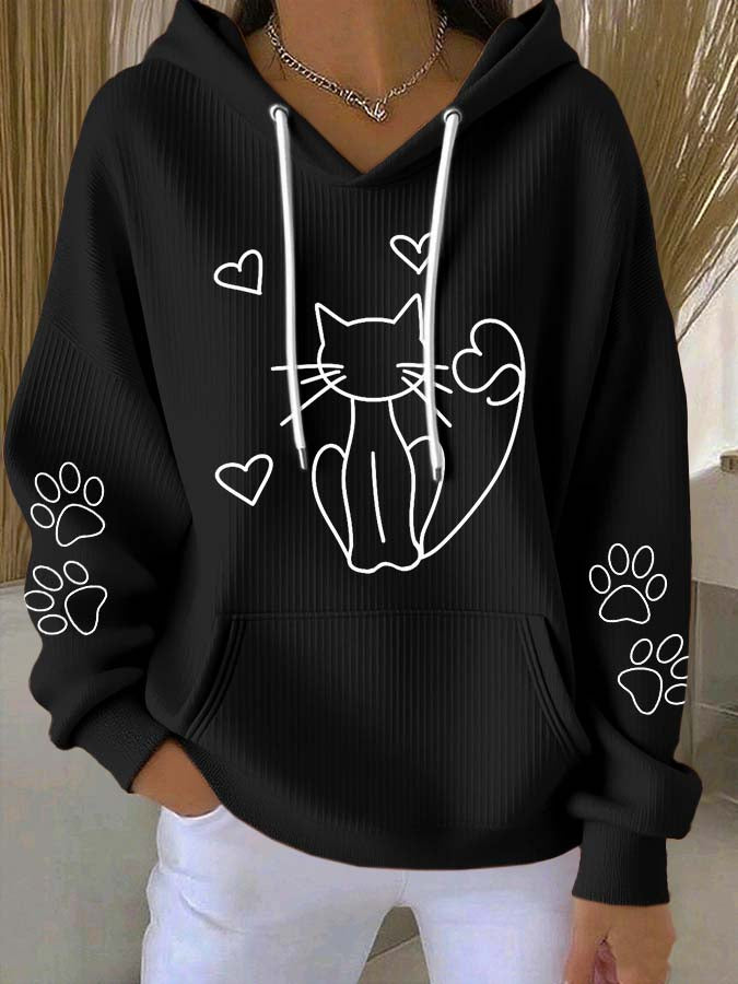 Women'S Cute Cat Print Hooded Knitted Long Sleeved Sportswear