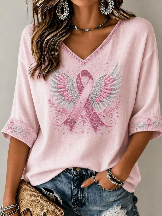 Pink Ribbon Breast Cancer Print Women'S V-Neck Loose Top