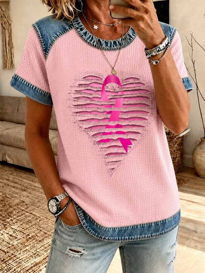 Women'S Breast Cancer Awareness Print Waffle Casual Tee
