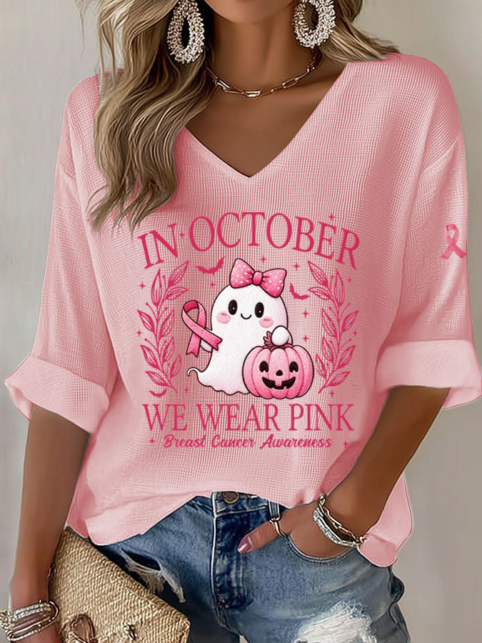 Women'S In October We Wear Pink Print Waffle  Top
