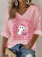 Women'S In October We Wear Pink Print Waffle  Top