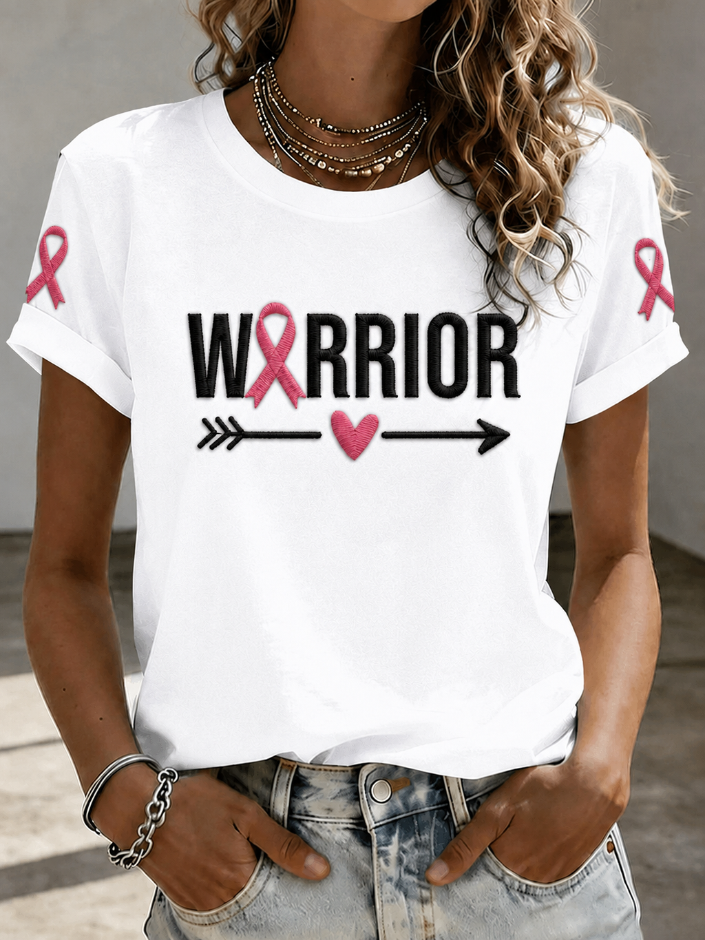 Women Warrior Pink Ribbon Breast Cancer Awareness T-Shirt