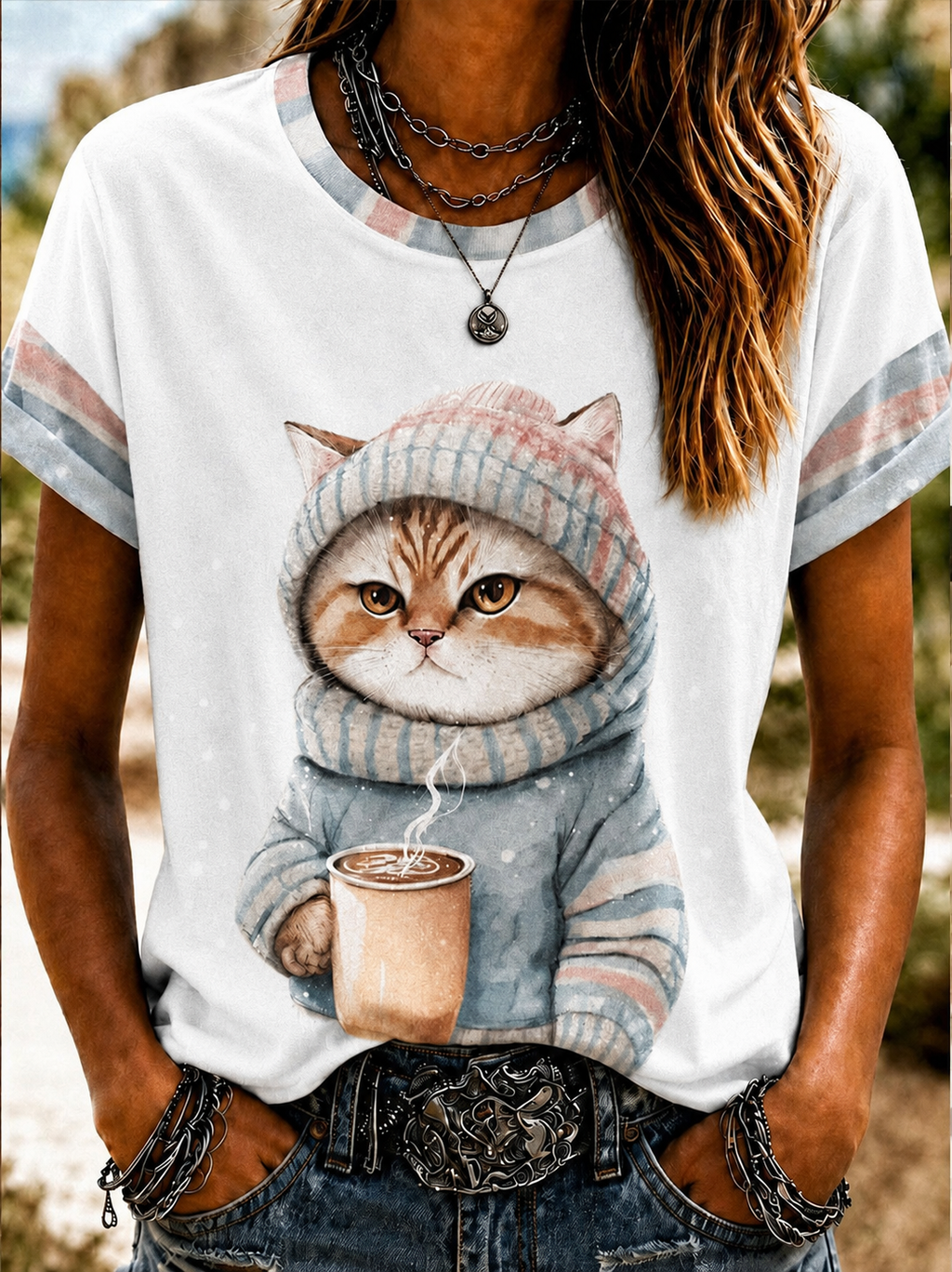 Women'S Cute Cat Art Printed Round Neck T-Shirt