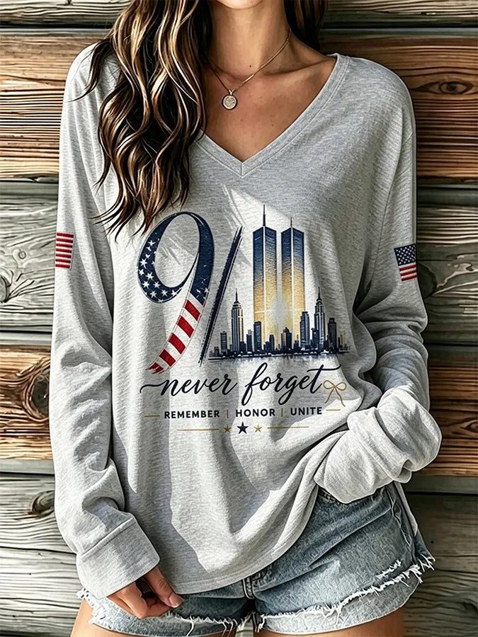🕯️Women's "Never Forget 9/11" Pattern Comfortable V-Neck Retro T-Shirt