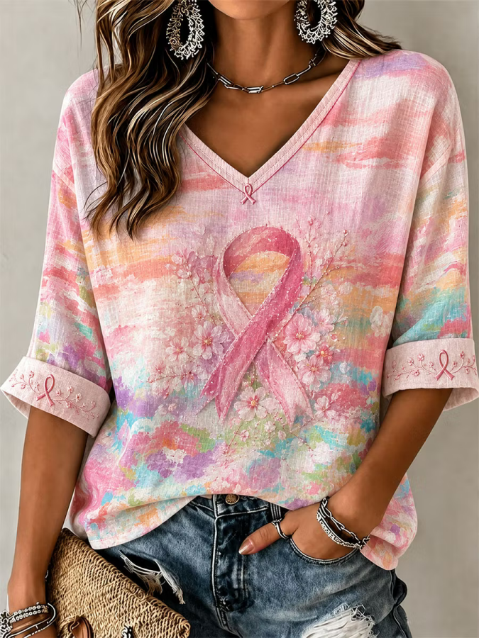 Pink Ribbon Breast Cancer Print Women'S V-Neck Loose Top