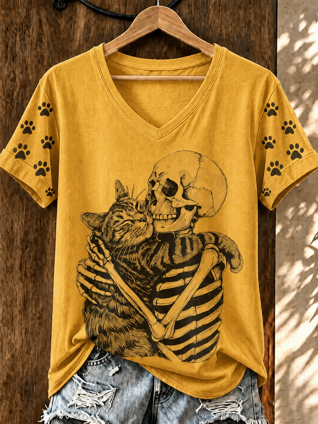 Women'S Cat Skull Printed Casual V-Neck T-Shirt