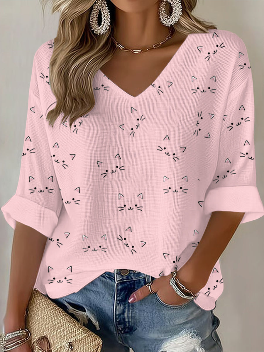 Women'S Cat Printed Waffle T-Shirt