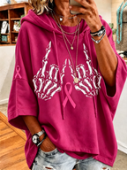 Women's Casual Skull Hand Pink Ribbon Loose Hooded Sweatshirt