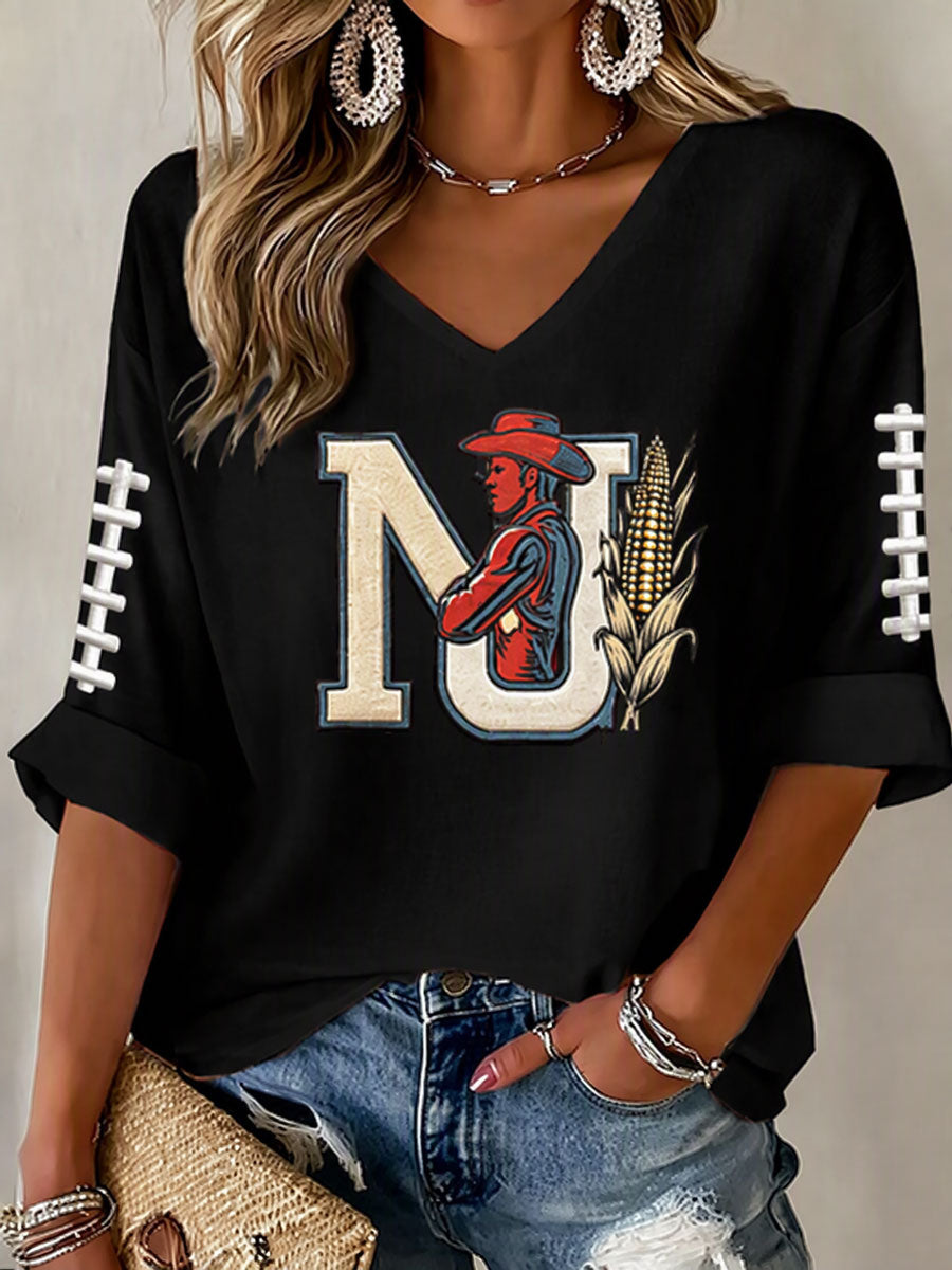 Women'S Football Print Waffle  Top