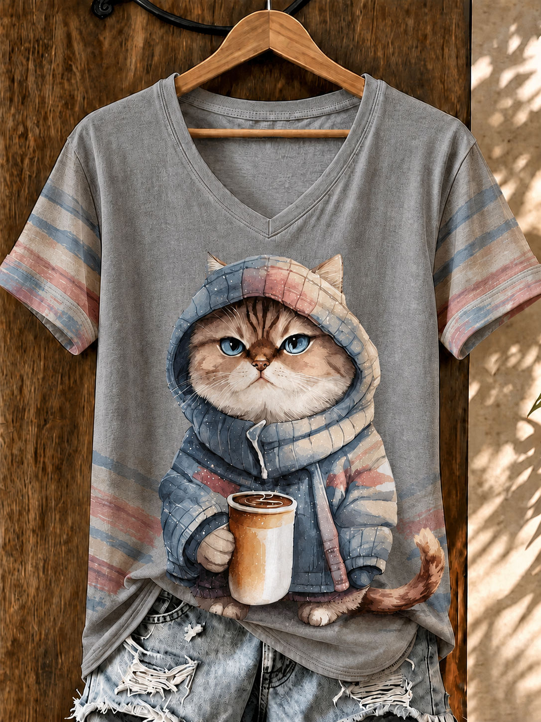 Women'S Cute Cat Printed Casual V-Neck T-Shirt