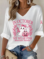 Women'S In October We Wear Pink Print Waffle  Top