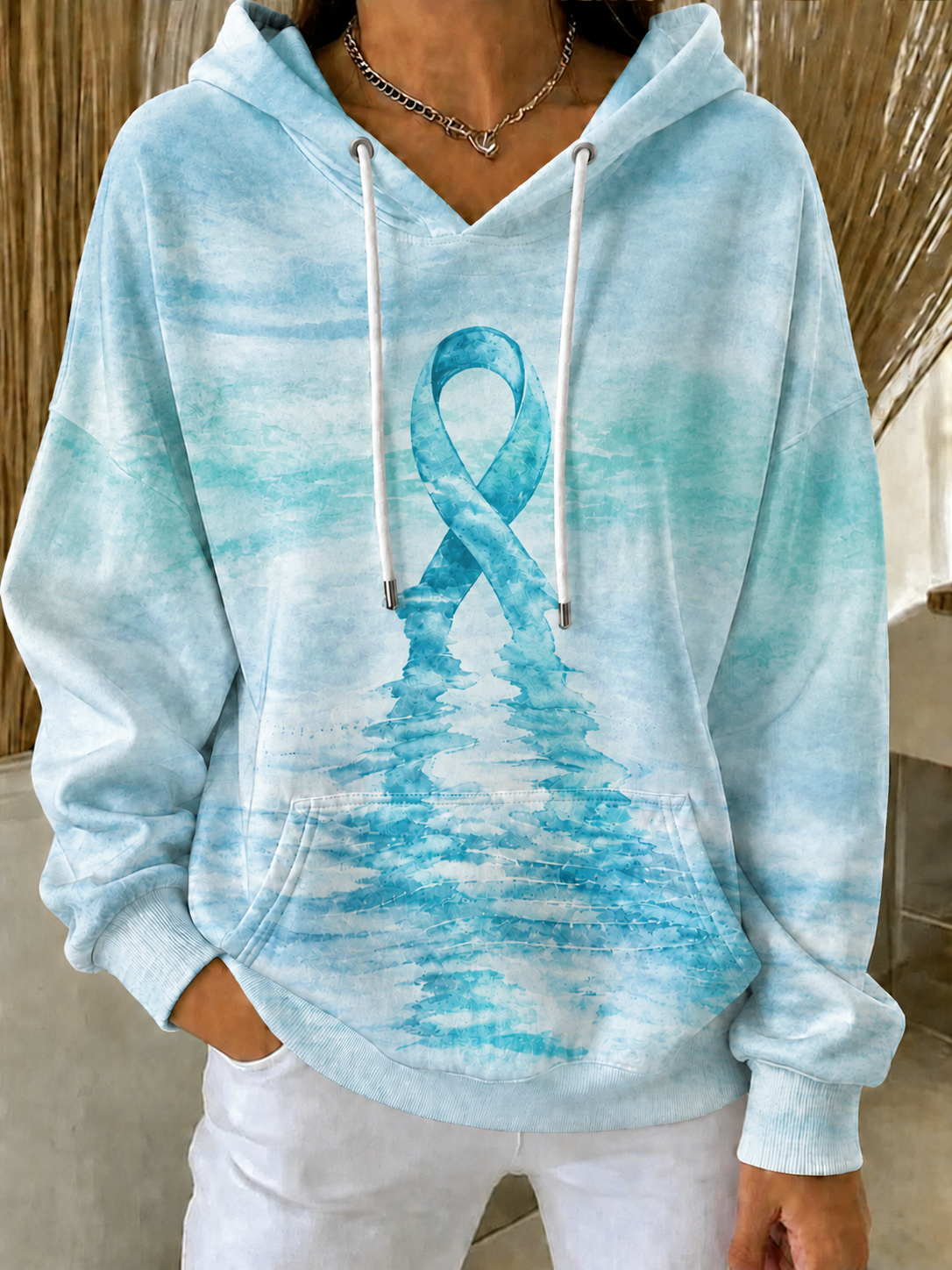 Women'S Breast Cancer Awareness Print Long Sleeve Hooded Sweatshirt