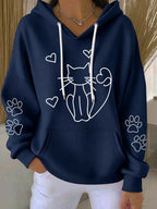 Women'S Cute Cat Print Hooded Knitted Long Sleeved Sportswear