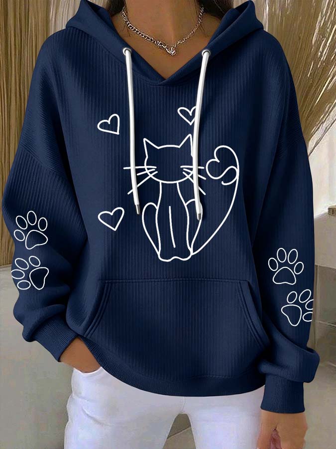 Women'S Cute Cat Print Hooded Knitted Long Sleeved Sportswear