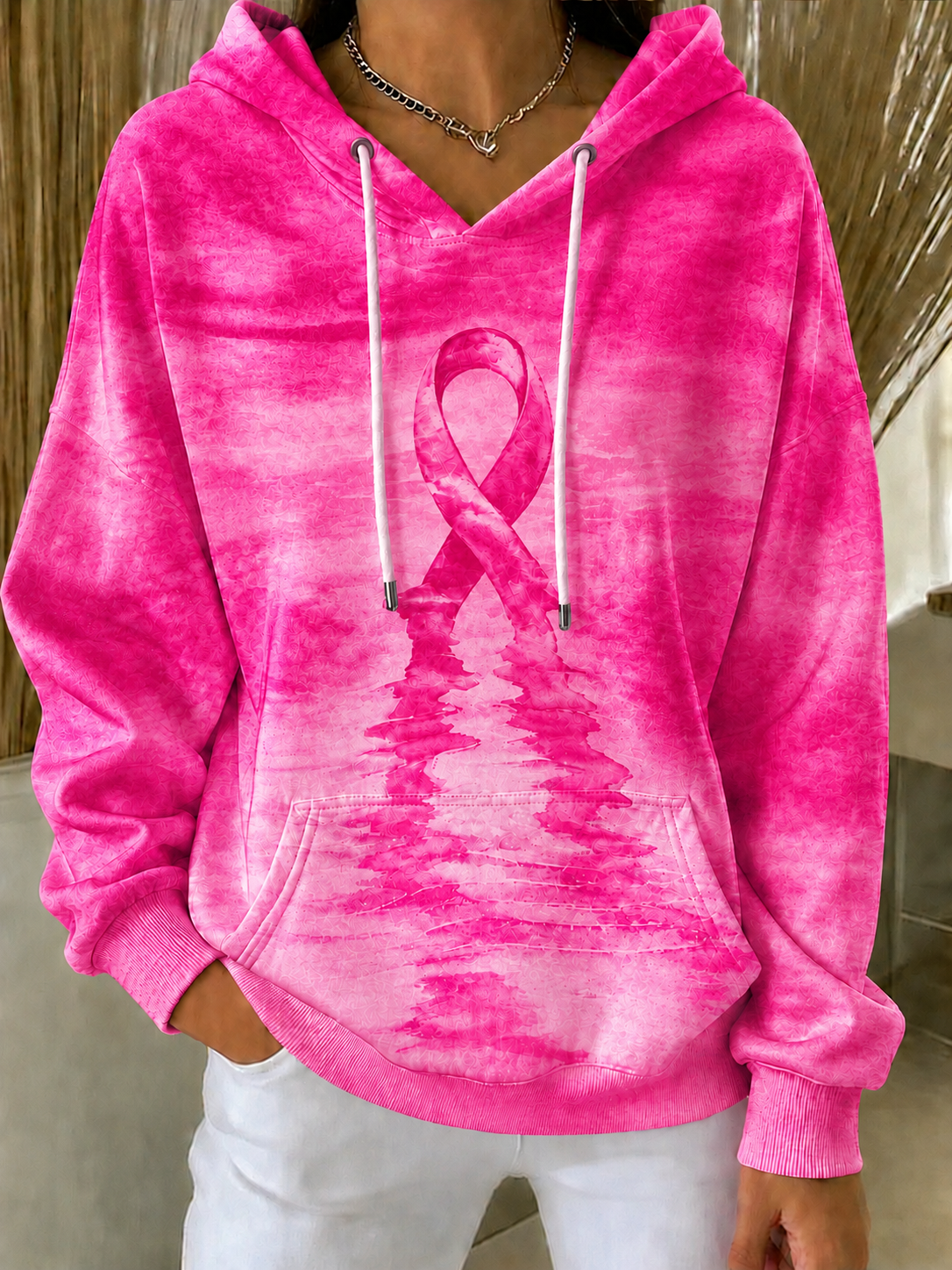 Women'S Breast Cancer Awareness Print Long Sleeve Hooded Sweatshirt