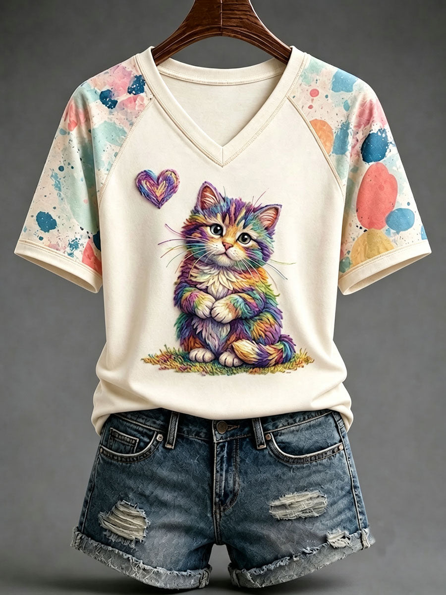 Ladies' Cute Cat Pattern Short Sleeve T-Shirt