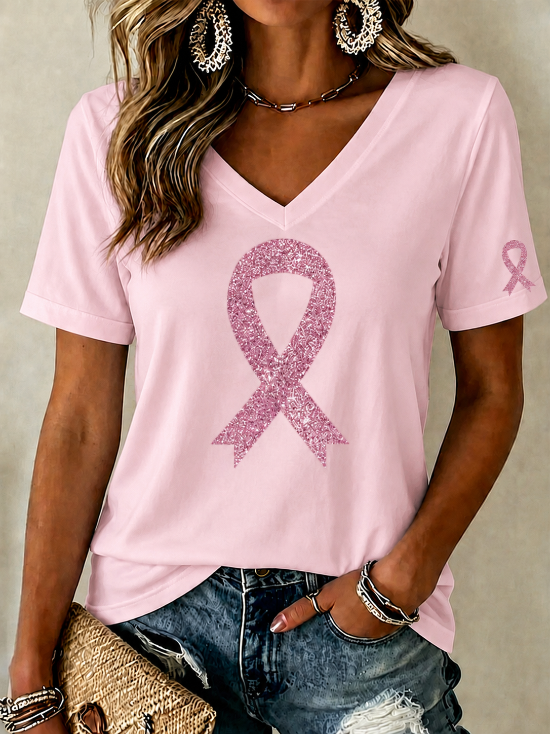 Women'S Breast Cancer Prevention And Control Propaganda Printed Short Sleeved T-Shirt