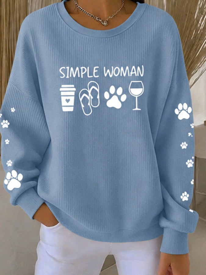 Women's cat print ribbed round neck sweatshirt