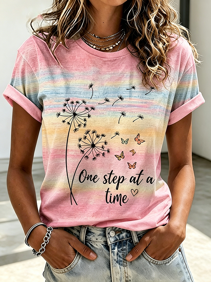 Women'S Pink One Day At A Time Printed Casual T-Shirt