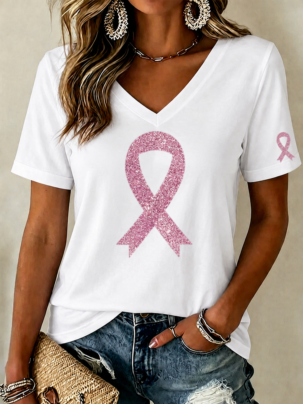 Women'S Breast Cancer Prevention And Control Propaganda Printed Short Sleeved T-Shirt