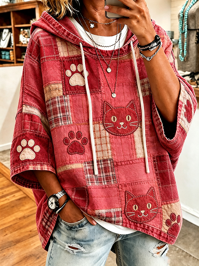 Retro Animal Cat Printed Hoodie