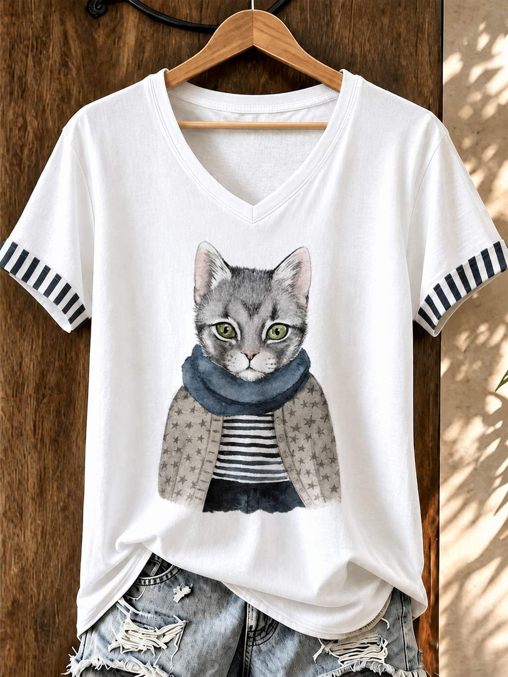 Women'S Cute Cat Printed Casual V-Neck T-Shirt