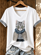 Women'S Cute Cat Printed Casual V-Neck T-Shirt