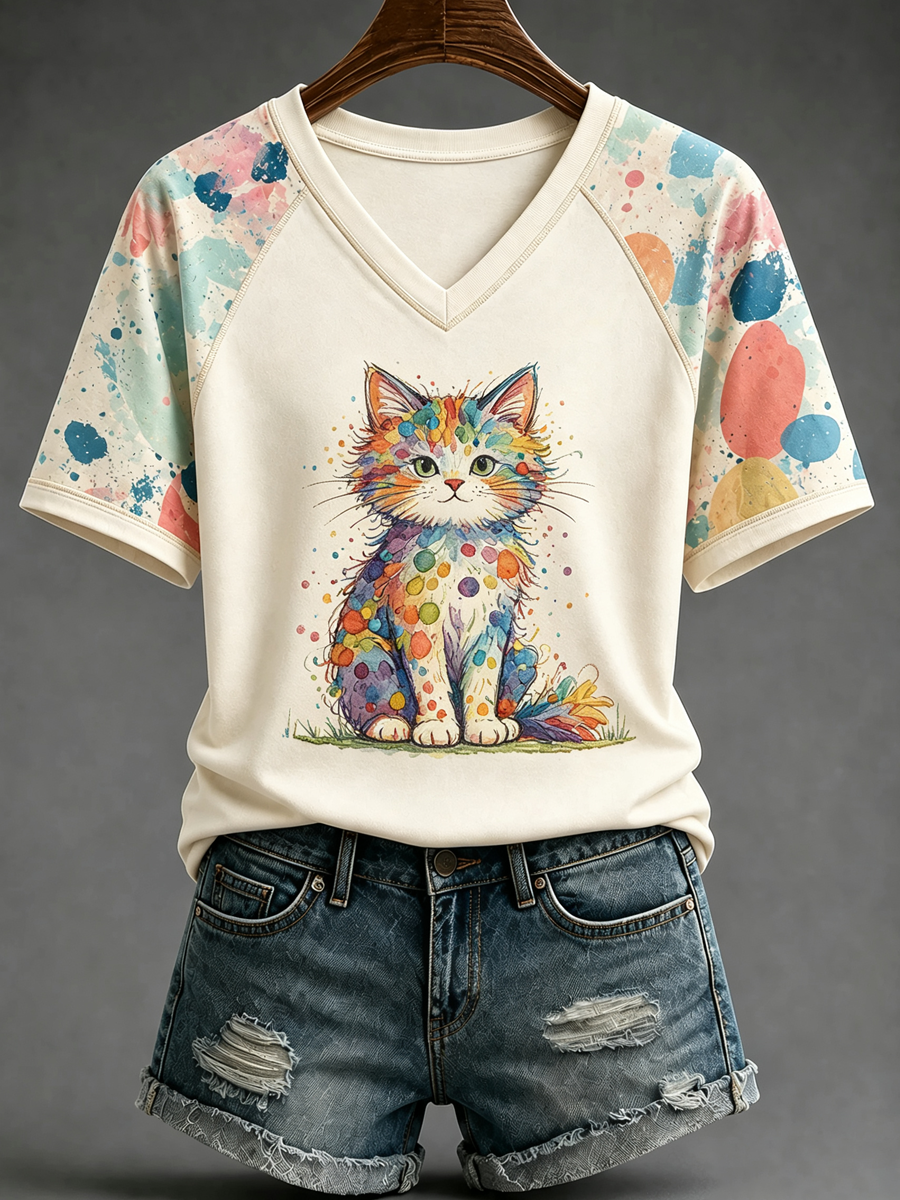 Women's Funny Cat V-Neck T-Shirt