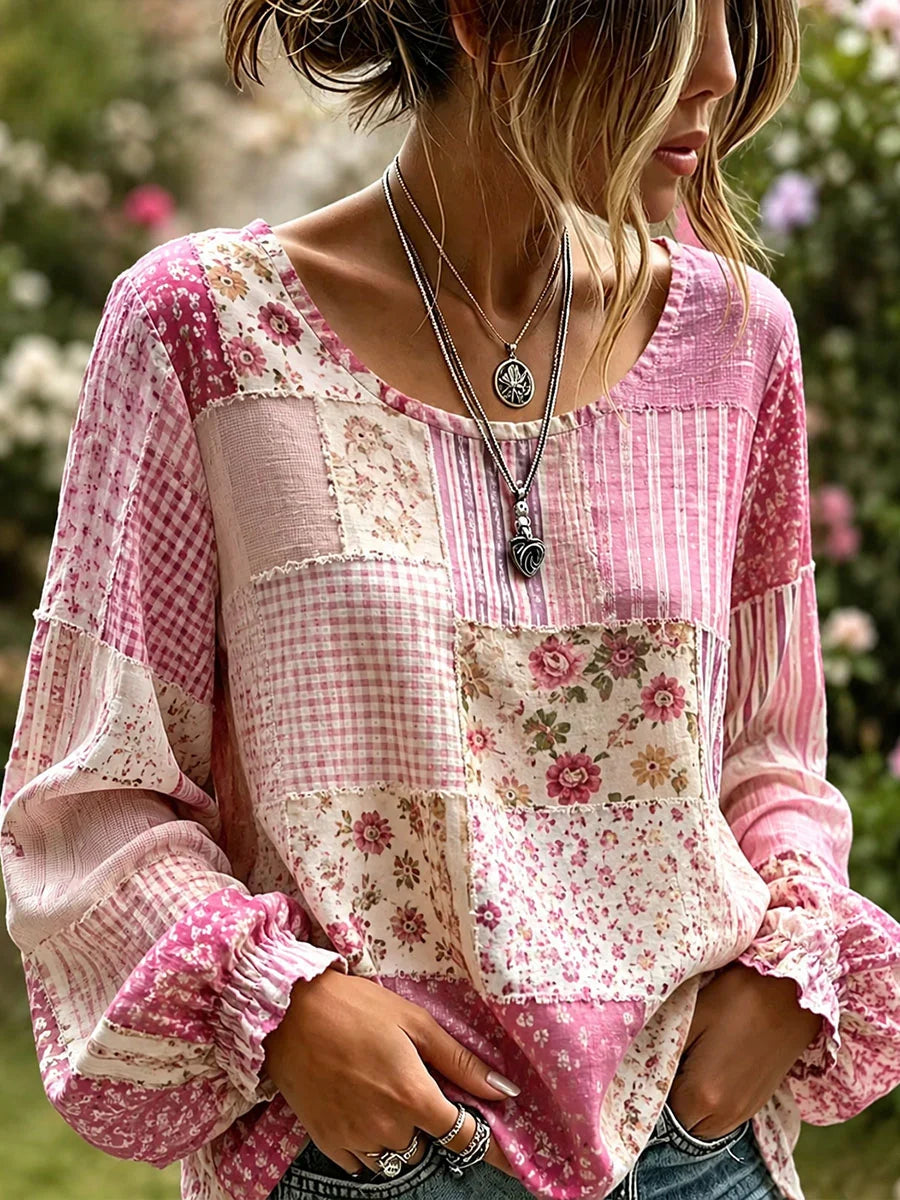 Women'S Cotton And Linen Patchwork Comparison Round Neck Long Sleeved Shirt