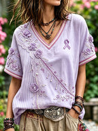 Women'S Floral Patterned Cotton And Linen Casual Top