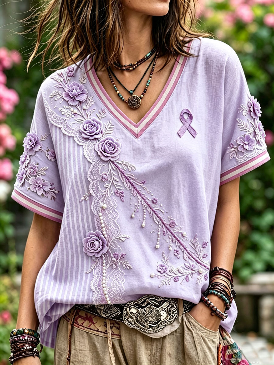 Women'S Floral Patterned Cotton And Linen Casual Top