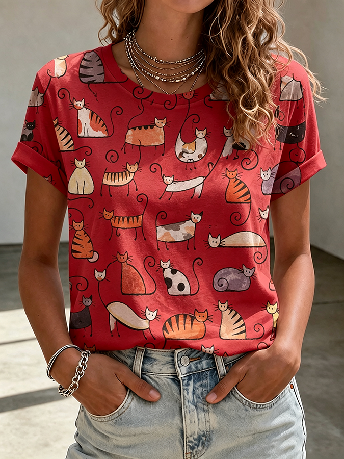 Women'S Fun Simple Drawing Cat Pattern Round Neck T-Shirt