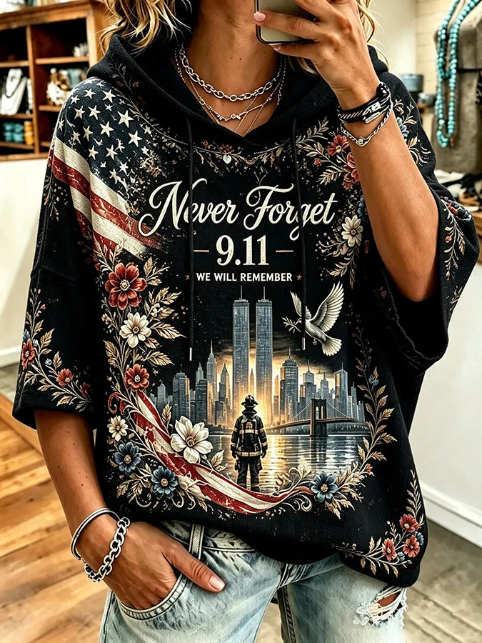 🕯️Women's Retro  9.11 Never Forget Print  Hooded Sweatshirt