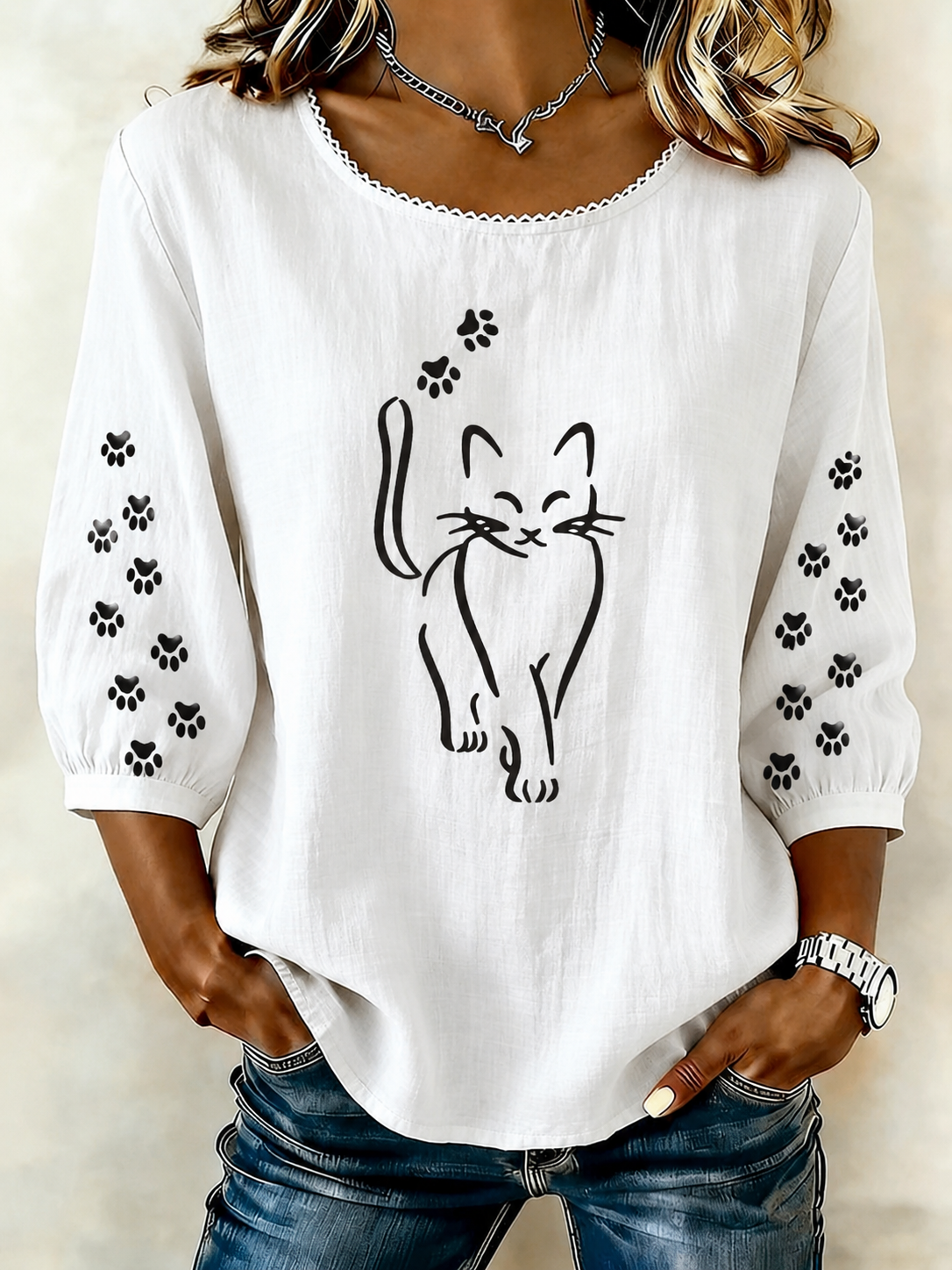 Elegant Cat Print Round Neck Top For Women'S Clothing
