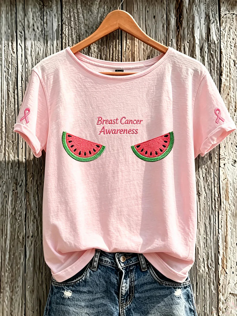 Women'S Casual Breast Cancer Prevention And Treatment Charity Printed Round Neck T-Shirt