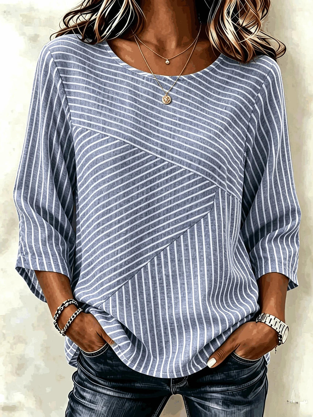 Women's Striped Round Neck Casual Top