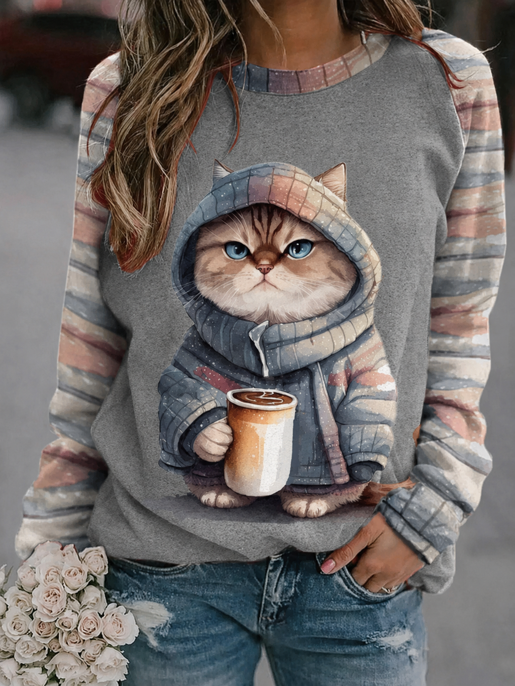 Women's retro cat art printed round neck shoulder sweatshirt