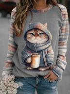 Women's retro cat art printed round neck shoulder sweatshirt