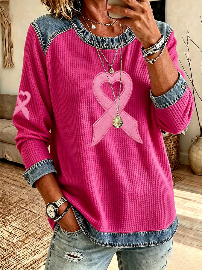 Women'S Casual Contrasting Heart-Shaped Ribbon Waffle Top