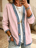 Women'S Casual Pink Striped Cardigan Top