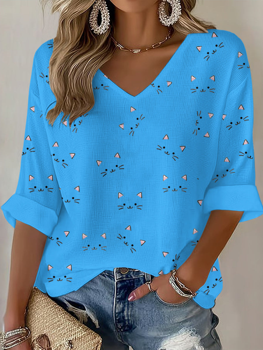 Women'S Cat Printed Waffle T-Shirt