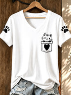 Women'S Cat Printed V-Neck T-Shirt