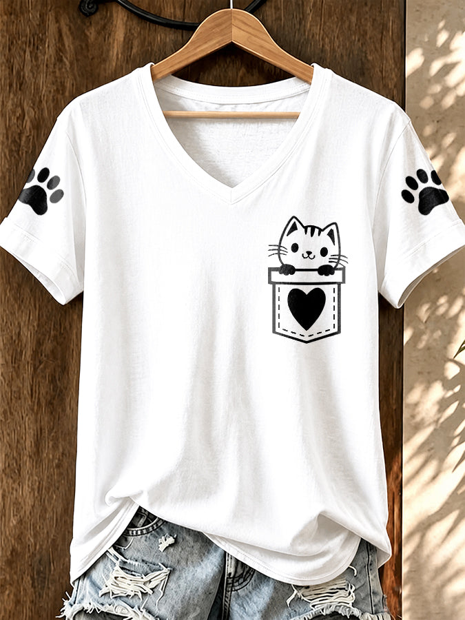 Women'S Cat Printed V-Neck T-Shirt