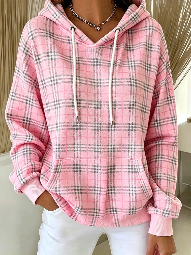 Ladies' Casual Checkered Printed Hooded Sweatshirt