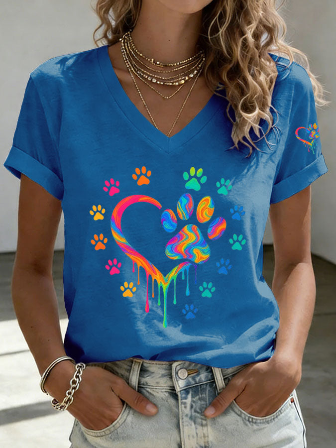 Women'S Paw Heart Print V-Neck T-Shirt