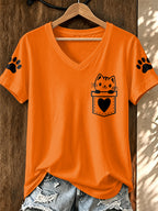 Women'S Cat Printed V-Neck T-Shirt