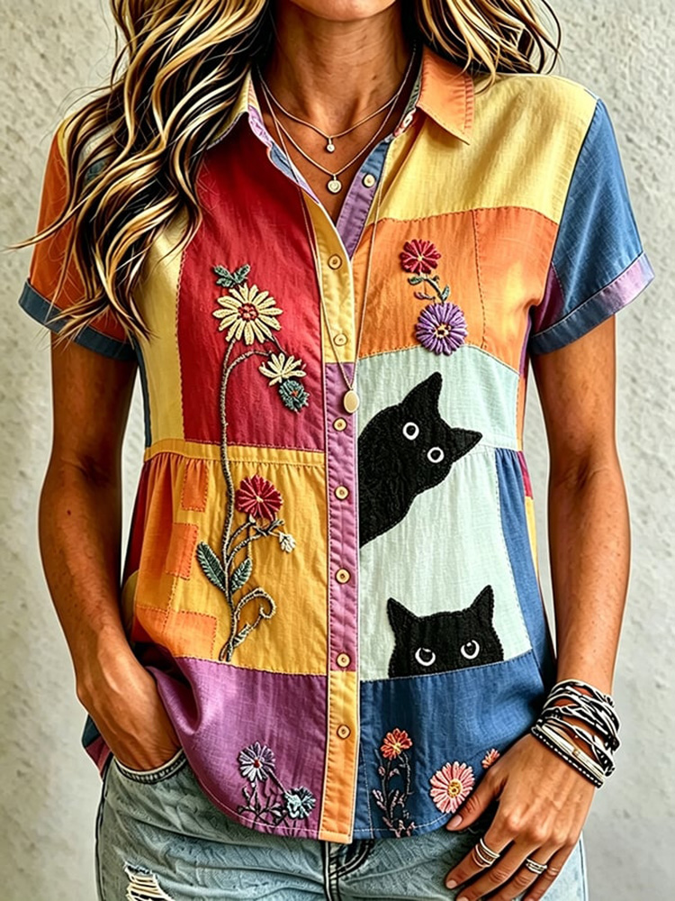 Women'S Hippie Casual Cat Floral Patchwork Print Shirt