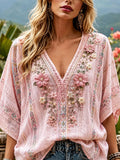 Women's Vacation Floral Lace Print V-neck Cotton Linen Top