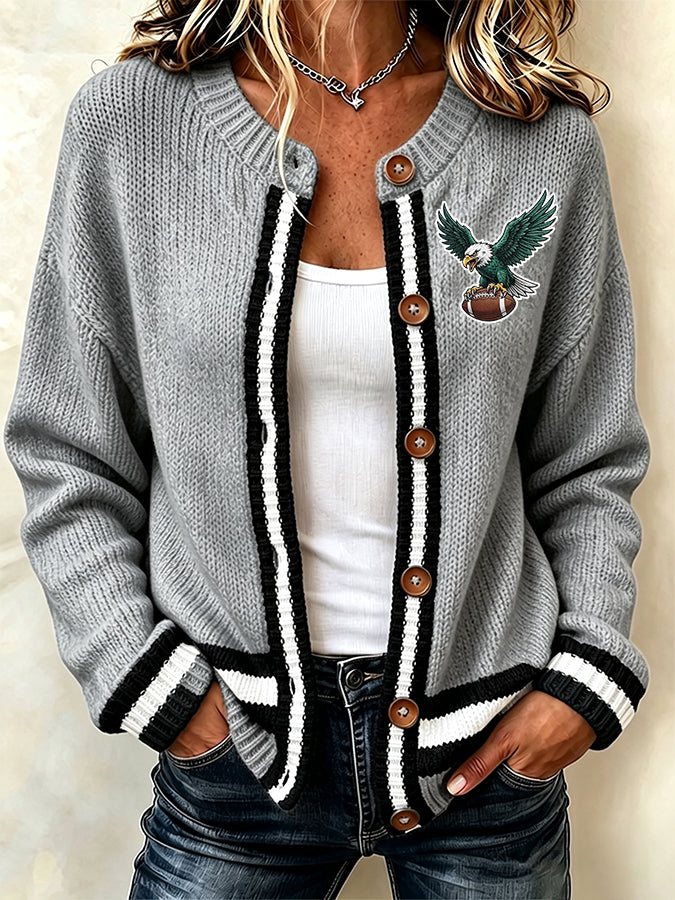 Women'S Casual Football Print Knitted Cardigan Top